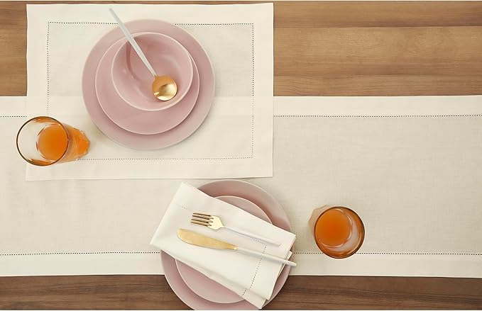 Solino Home Ivory Table Runner 90 Inches Long - Cotton Linen Hemstitch 14 x 90 Inch Table Runner for Dining, Fall, Autumn, Thanksgiving, Holiday