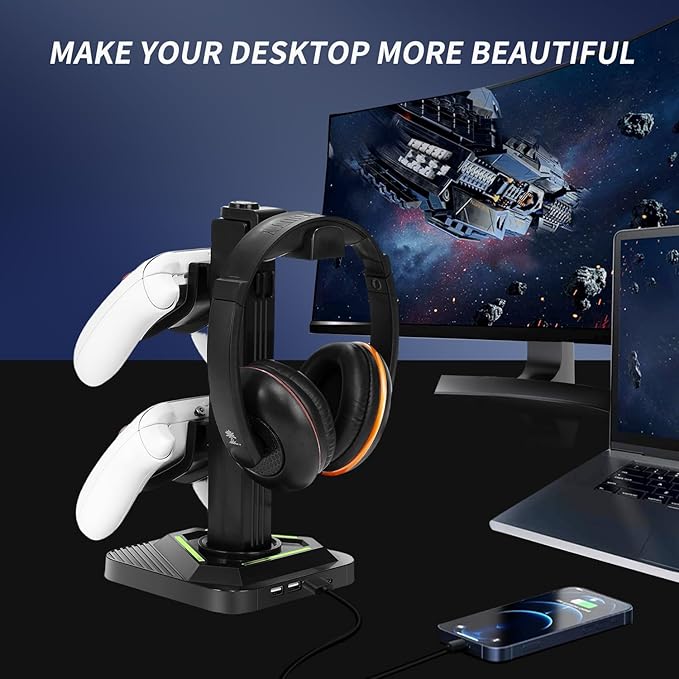 Universal Gaming Controller Stand Compatible with Xbox/PlayStation 5/PC | Headset Stand with 7-Color RGB Lighting Modes | 360° Rotatable Base & Detachable Hooks with Sturdy Anti-Slip Base