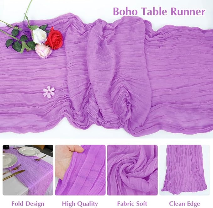 10 Pack Light Purple Cheesecloth Table Runner -21*120Inch Long Boho Wedding Table Decor, Rustic Gauze Fabric Runner for Bridal Showers, Baby Showers & Parties (Sheer, Lightweight, Wrinkled Design)