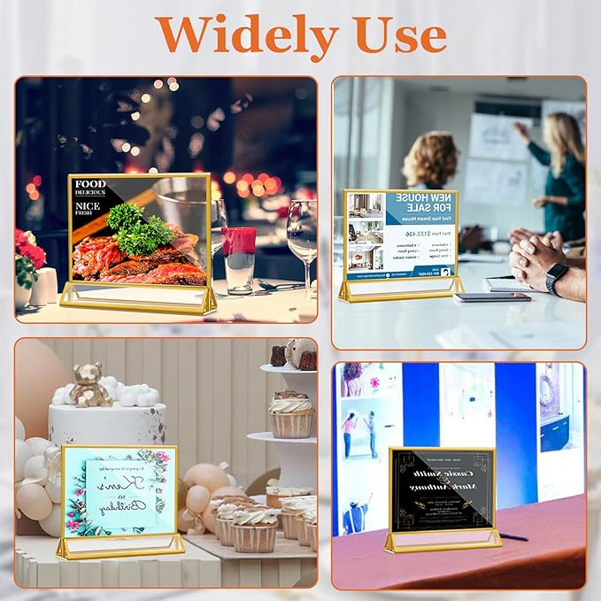 8 Pack Acrylic Sign Holders with Golden Border, Double Sided Clear Picture Frames, 6 x 4 Table Number Holders, Horizontal Menu Holders for Wedding Reception Art Display Party Decoration