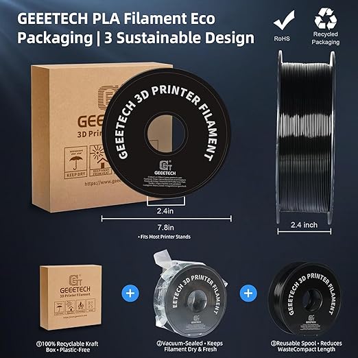 Geeetech PLA Filament 1.75mm, Neatly Wound Black 3D Printer Filament, Tangle-Free 1kg Spool (2.2lbs), Dimensional Accuracy +/- 0.02mm, Fits Most FDM 3D Printers