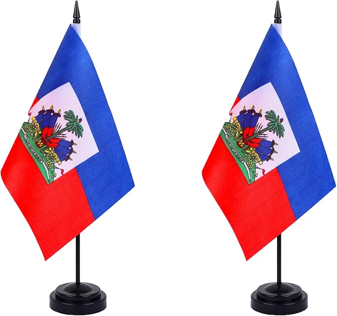 Haiti Desk Flag 12" Solid Pole Deluxe Set Haitians Flags Banner Mini Small Haiti Office Table Flags with Black Stand Base Desktop Decorations(2Pack)