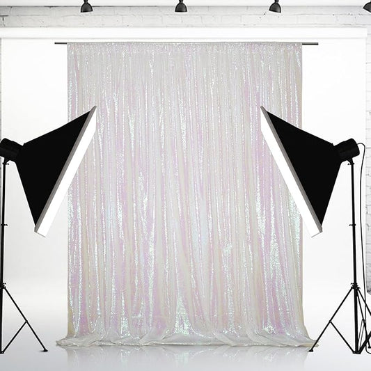 Eternal Beauty White Iridescent Sequin Backdrop, 8x8 Ft Glitter Background Curtains for Shimmer Photography Party Wedding Birthday Back Drop Decor