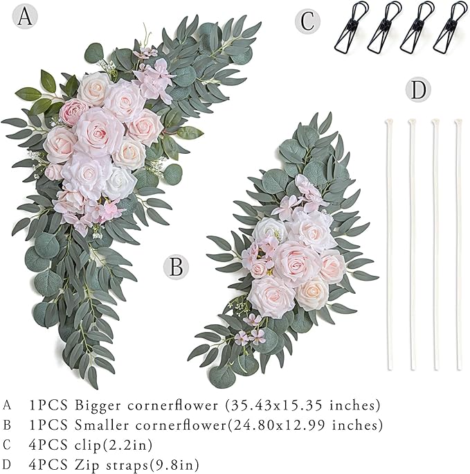 Pink Wedding Arch Flowers Set of 2 for Wedding Welcome Signs, Artificial Wedding Flowers for Wedding Ceremony Outside(Pink & Ivory)