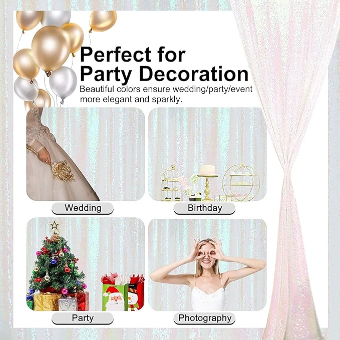 Iridescent Sequin Backdrop Curtains 2FTx8FT 4Panels Sparkly Photography Background Glitter Drapes for Wedding Birthday Party Decorations Bridal Baby Shower