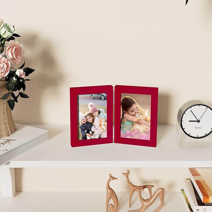 decorUhome Double 4x6 Picture Frame Vertical, Engineered Wood Bifold Photo Frame with Plexiglass for Tabletop Display, 4x6, Red