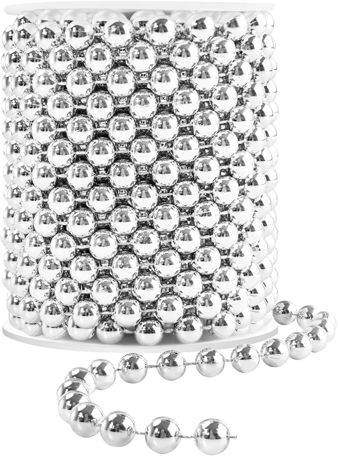 Faux Silver Pearl Beads Garland - 10mm Christmas Tree Beads 11 Yards Silver Pearl Strands Spool Pearl String Bead Roll for Wedding Party Christmas Tree Decoration(10mm 11Yards, Silver)