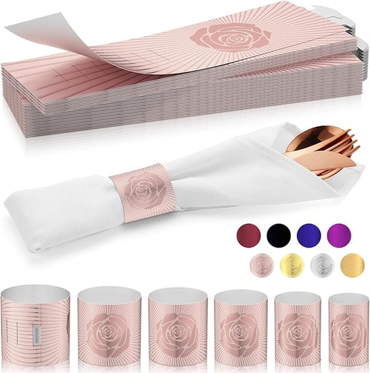 Polymer Material Reusable Napkin Band, Glue-Free Tear-Proof Water Resistant Oil-Proof Napkin Bands Set of 100(Front Rose Gold Color and Back Silver), 6 Adjustable Sizes Napkin Rings
