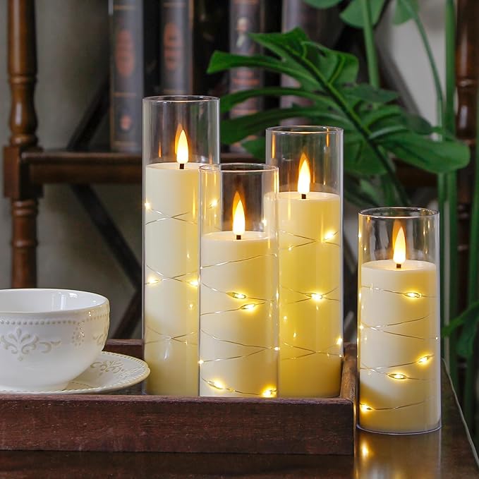 Ivory Flameless Candles with Remote and String Light, 2.2"x 5",5",6",7",7",8" LED Battery Operated Plastic Flickering Timer Pillar Candles(Pack of 6,Turn On/Off String Light Mode)