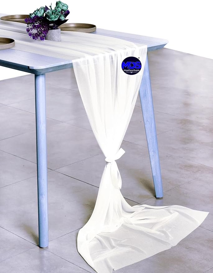 MDS 15 Pack 10ft Chiffon Table Runner 29 x 120 Inches Sheer Wedding Runner Romantic Rustic Table Runner for Wedding Decorations, Birthday Parties, Bridal Shower Party Arch Decor - Ivory