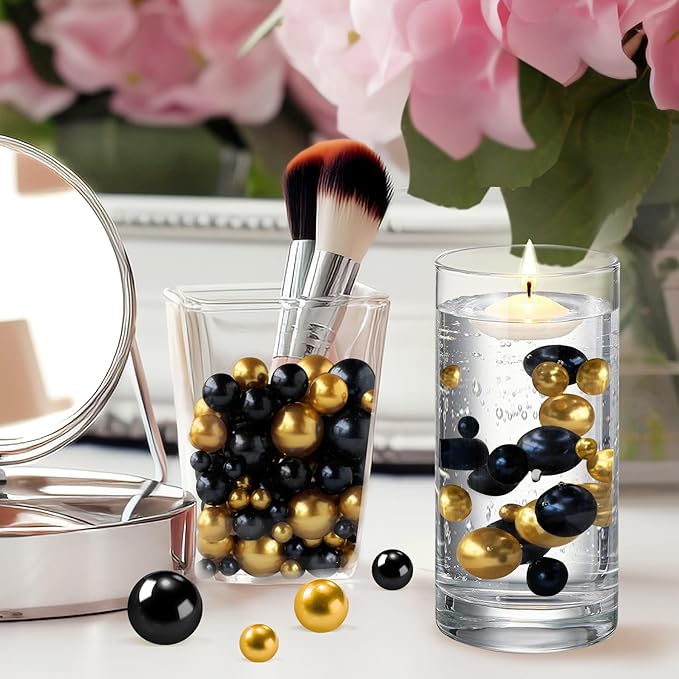 150Pcs Black&Gold Polished No Hole Faux Pearl Beads for Vase Filling Decorations, Plastic Pearls Vase Fillers, Table Scatters, Wedding Centerpiece, Home Decor, 8/14/20 mm