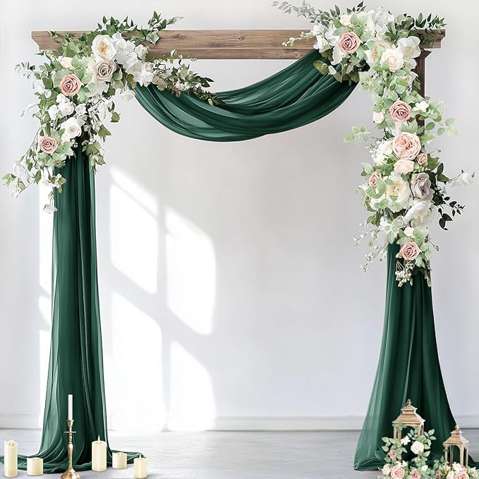 Socomi Wedding Arch Draping Fabric 2 Panels 29" x 19Ft Emerald Green Sheer Chiffon Curtain Drapes 6 Yards for Wedding Ceremony Birthday Party Decoration
