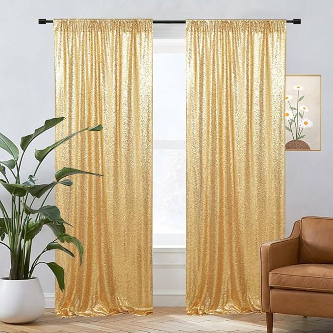 Eternal Beauty Gold Sequin Backdrop Curtains, Shimmer Back Drop 2Panels-2FTx8FT for Christmas, Party, Birthday, Photography, Wedding, Baby Shower Event Decoration