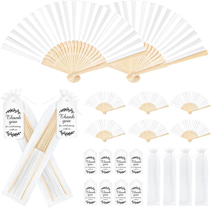 50Set Wedding Hand Fans Party Favors White Paper Folding Handheld Fans Bulk, DIY Bamboo Fans with Thank Tag Organza Bag for Guests Bridal Dancing Props Church Decoation