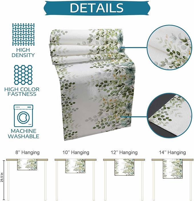 Sage Green Eucalyptus Cotton Linen Table Runner for Dining Kitchen, Farmhouse Leaves Wedding Outdoor Party Tablerunners Decoration Botanical Floral Dresser Scarf Coffee Tablecloth Runners 13x36 Inches
