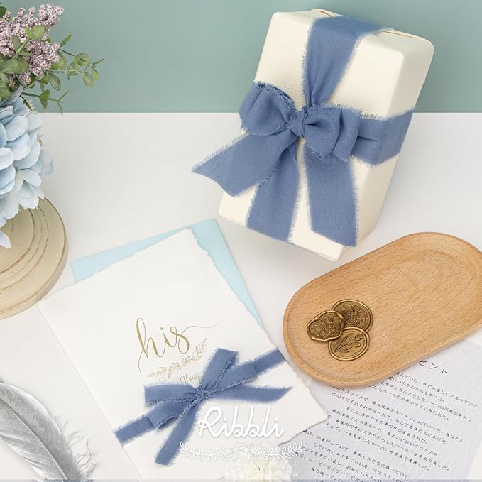 Ribbli 3 Rolls Dusty Blue Ribbon 5/8 Inch x 18Yards Handmade Cotton Frayed Fringe Ribbons for Gift Wrapping Wedding Invites Bridal Bouquets Baby Shower DIY Crafts Home Decor