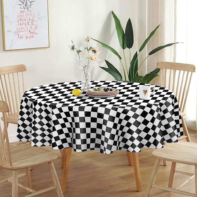QIKSION Black and White Gingham Round Tablecloth 2 Pack, 84 Inch Plastic Checkered Table Cover Disposable for Parties