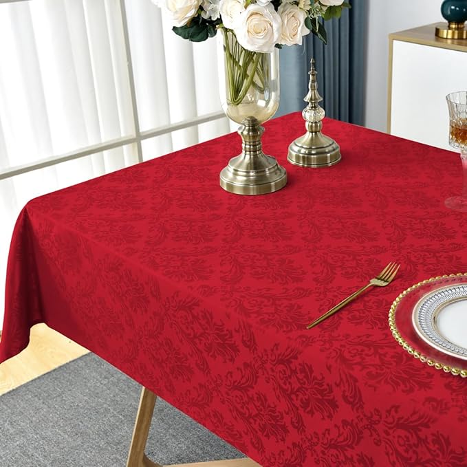 SASTYBALE Rectangle Jacquard Tablecloth, Damask Table Cloth SpillProof Wrinkle Resistant Tablecloths, Soft Polyester Oblong Table Cover for Kitchen, Dinner, Parties (Red, 60X102)