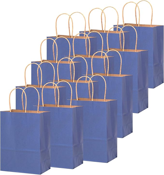 qiqee 100PCS Gift Bag with Handles Bulk Kraft Deep Blue Paper Bags Multiple Uses (13''x5 x10 inch Large Size)