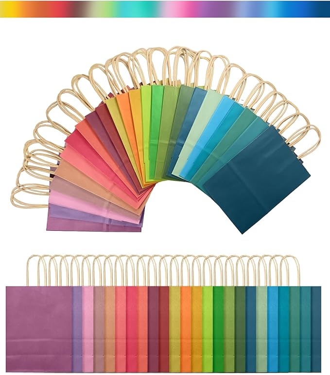 qiqee 24Pcs Small Gift Paper Bag with Handles Bulk - 8.3"x6"x3. 15" Rainbow Party Bags - Mulit Color