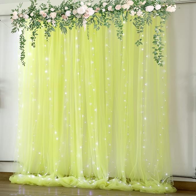 Yellow Tulle Backdrop Curtains with Lights String for Birthday Party Photoshoot 10ft × 8ft Sheer Backdrop Curtains for Baby Shower Wedding Background Decorations 2 Panels 5×8ft