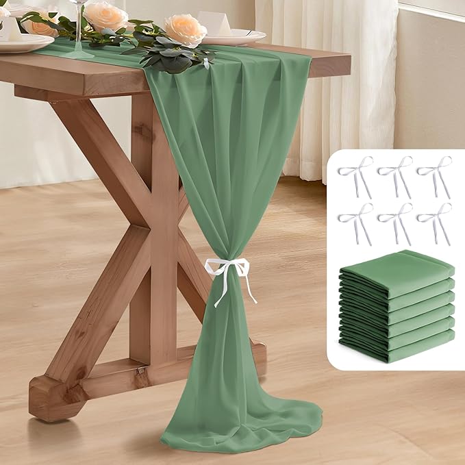 2 Pack 10 Ft Chiffon Table Runner Sage Green Gauze Long Table Runners 27x120 Inches Sheer Tulle Table Runner for Rustic Wedding Reception Bridal Shower Decorations Birthday Party