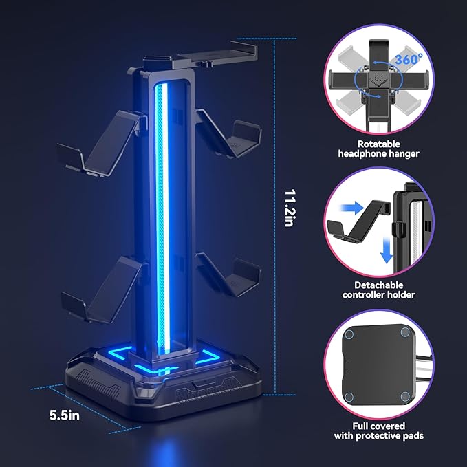 KDD RGB Headset Stand with 9 Light Modes - Controller Holder for Desk - Rotatable Headphone Stand & Detachable Controller Hook for PC Earphone Accessories(Black)