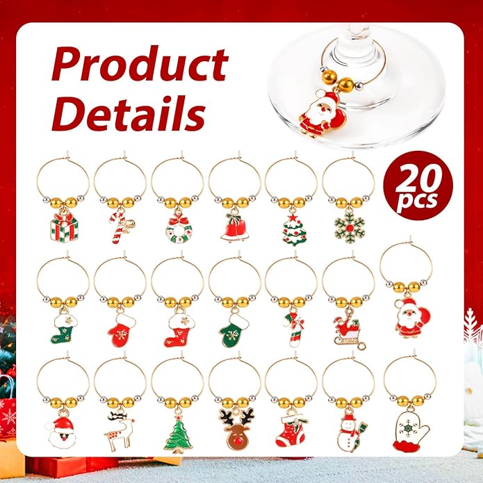 20pcs Christmas Wine Glass Charms, Cute Wine Glass Markers Tags Charms with Flannel Bag Christmas Theme Drink Identifier for Stem Glasses for Wine Tasting Party Favors Decorations