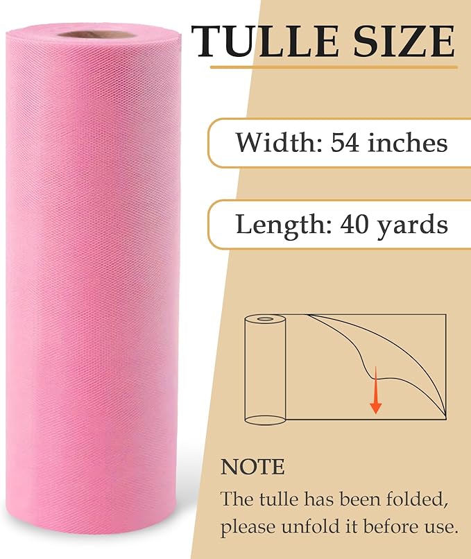 Pink Tulle Fabric Roll, 54" x 40 Yards (120FT) Tulle for Wedding Valentine's Day Decoration DIY Tutu Party Backdrop Baby Shower Table Skirts Gift Wrapping