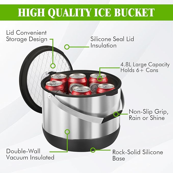 5QT/4.8L Double-Wall Insulated Ice Bucket with Scoop & Lid,Large Capacity Stainless Steel Beverage Bucket for Party Cocktail Bar, Champagnes (Black