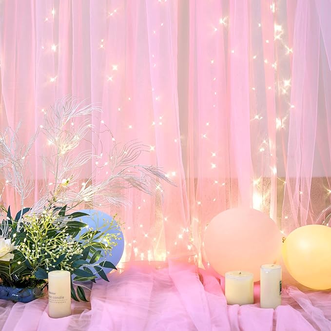 20ft x 10ft Pink Tulle Photo Backdrop Curtain with Lights String for Baby Shower Sheer Baby Pink Curtain Backdrop for Birthday Party Wedding Photo Booth Photography Background Decorations