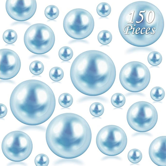 150Pcs Light Blue Polished No Hole Faux Pearl Beads for Vase Filling Decorations, Plastic Pearls Vase Fillers, Table Scatters, Wedding Centerpiece, Home Decor, 8/14/20 mm