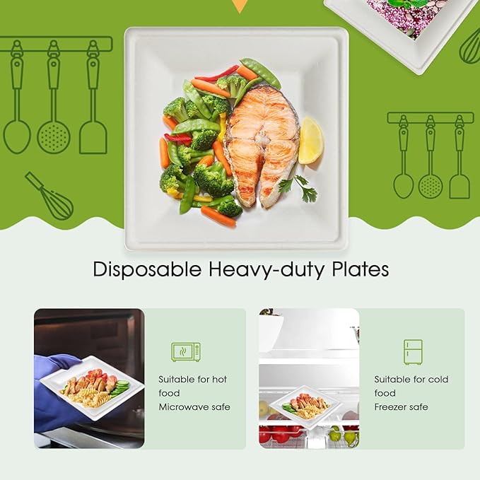 ECOLipak 150 Pieces Compostable Square Paper Plates, 10 inch Heavy Duty Disposable Plates, Eco-friendly Biodegradable Sugarcane Bagasse Plates for Party Dinner Birthday
