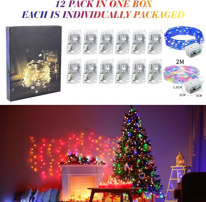 ZGWJ 12 Pack Fairy Lights Battery Operated, 7ft 20 Mini LED Fairy String Lights Silver Wire 3 Modes for DIY, Parties, Wedding, Bedroom, Halloween Christmas Decoration Colorful and Blue