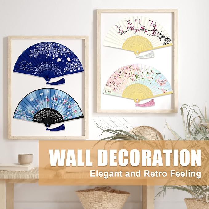 WEARXI Handheld Fan, 4 PCS Hand Fan, Chinese Folding Fan for Women Foldable, Silk Bamboo Hand Held Fan, Paper Hand Fan