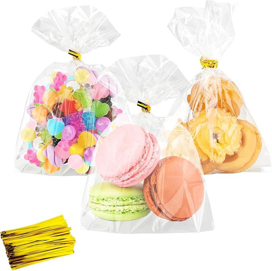 100 PCS Cellophane Treat Bags, 4x6 In Clear Cellophane Gift Bags with Twist Ties Plastic Goodie Bag for Party Favor Cookie Candy Popcorn Bakery Chocolate Gift Wrapping