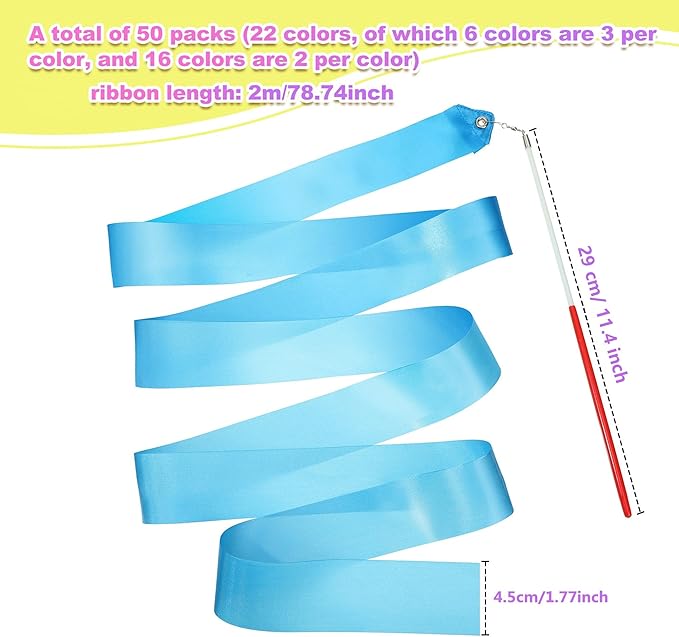 Yilloog 50 Pcs Ribbon Dancing Wands Party Favors, 78.7 Inch Artistic Gymnastics Ribbon Streamers Twirling Wands, Rainbow Birthday Decorations