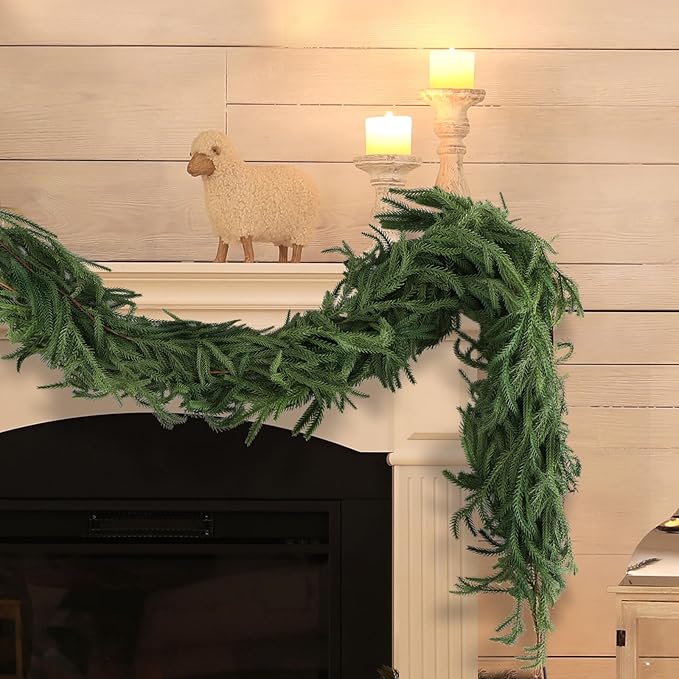 2 Pack Christmas Norfolk Pine Garlands 9FT, Real Touch Artificial Greenery Garland – Full Evergreen Pine Garland for Mantle, Fireplace, Table, Wall, Stairs & Outdoor Holiday Décor