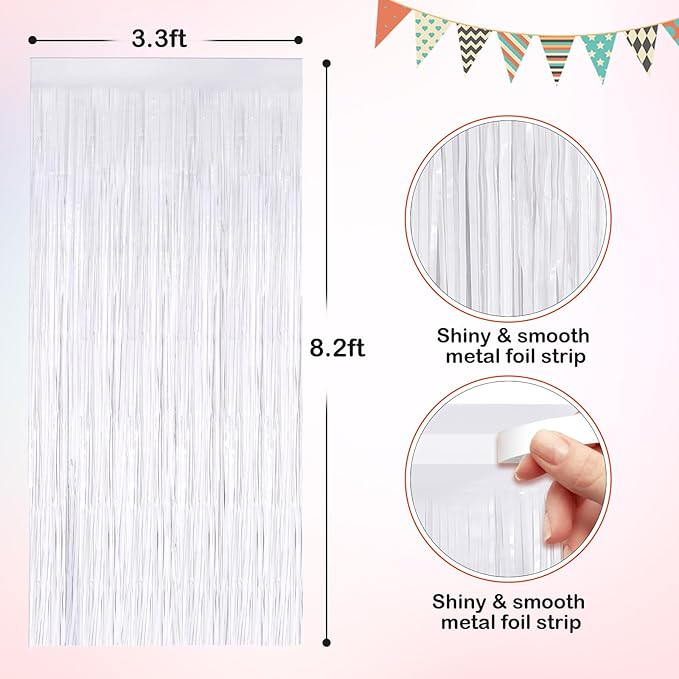 White Metallic Tinsel Foil Fringe Curtains, 2 Pack 3.3x8.3 Feet Streamer Backdrop Curtains for Birthday Party Decorations, Halloween Decor, Foil Curtain Backdrop for Bachelorette Party