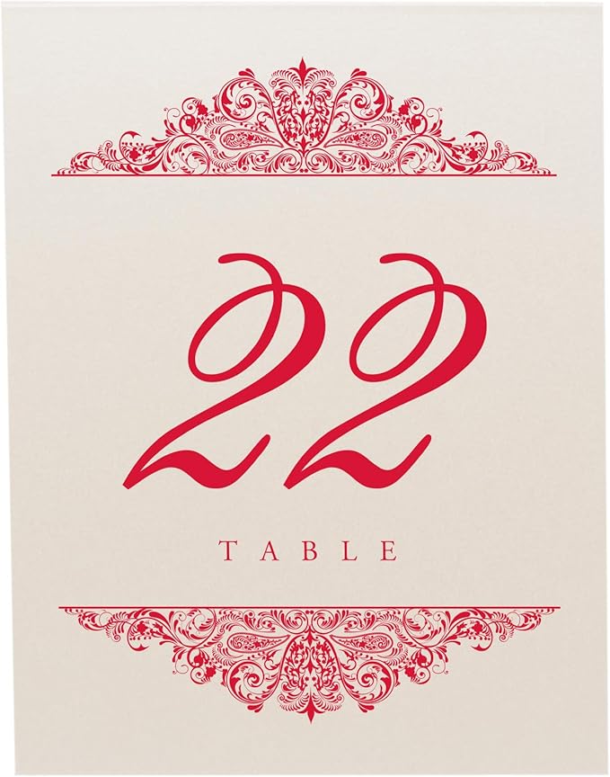 Paisley Wedding Table Numbers (Select Color/Quantity), Champagne, Ruby Red, 1-65, Double Sided, Tent or Use in a Stand, Great for Parties & Restaurants - Made in the USA