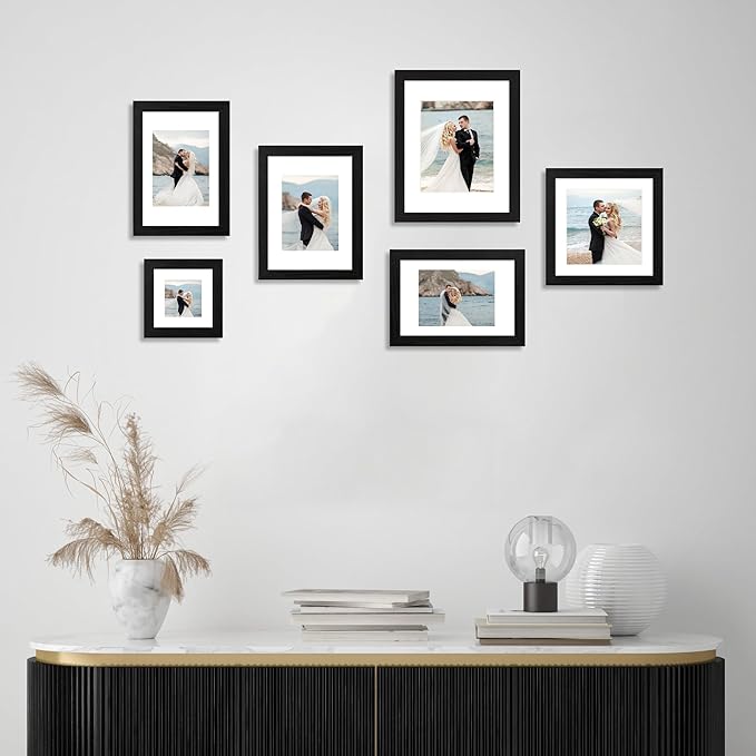 8x12 Picture Frame Set of 4 with HD Glass, Black Frame Display 6x8 Picture with Mat or 8 x 12 Without Mat, Wood Rustic Photo Frame for Tabletop and Wall Mounting