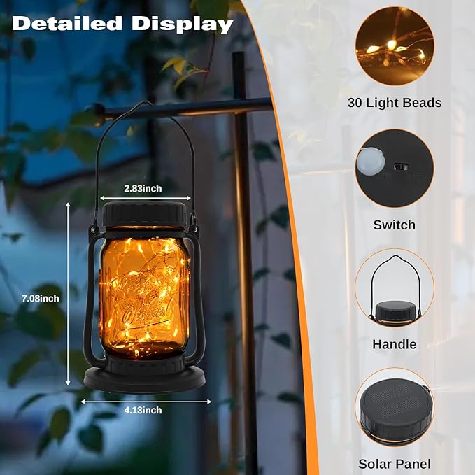 Mason Jar Lights - Solar Lantern Outdoor Waterproof, Hanging Solar Lights for Outside, Halloween, Fairy Twinkle Glass Decorative Lamp for Yard, Patio, Garden, Porch, Table, Wedding, Pack 2