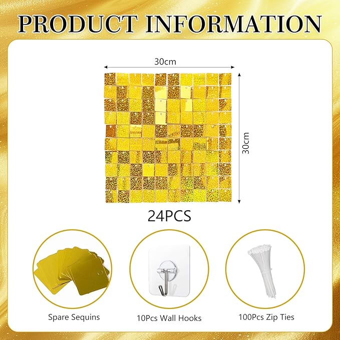 24PCS Gold Shimmer Wall Backdrop, Laser Square Sequin Photo Backdrops Panel, Glitter Wall Background for Birthdays, Weddings, Christmas, Engagements, Disco Bachelorette Party Decoration (4FTx6FT)