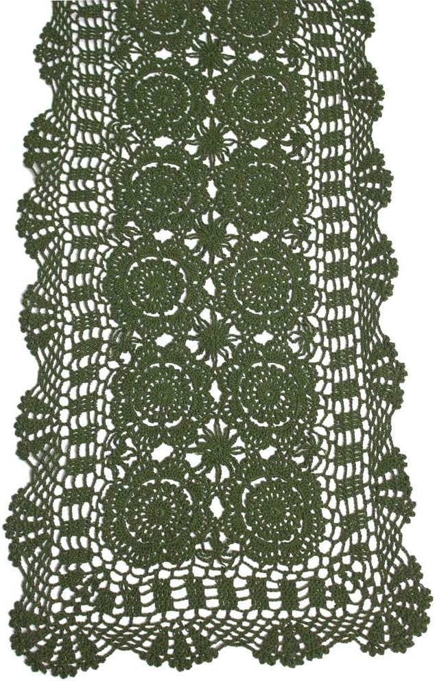 KEPSWET Cotton Handmade Crochet Lace Table Runner Olive Green Rectangle Coffee Table Dresser Decor (14x36 inch)