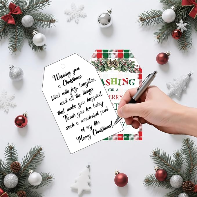60Pcs Merry Christmas Tags with String, 3.3x2.1 Inch Buffalo Plaid Holiday Gift Tags, Xmas Happy New Year Tag with Holly for Winter Party Candy Bag Envelope Presents Gift Favor