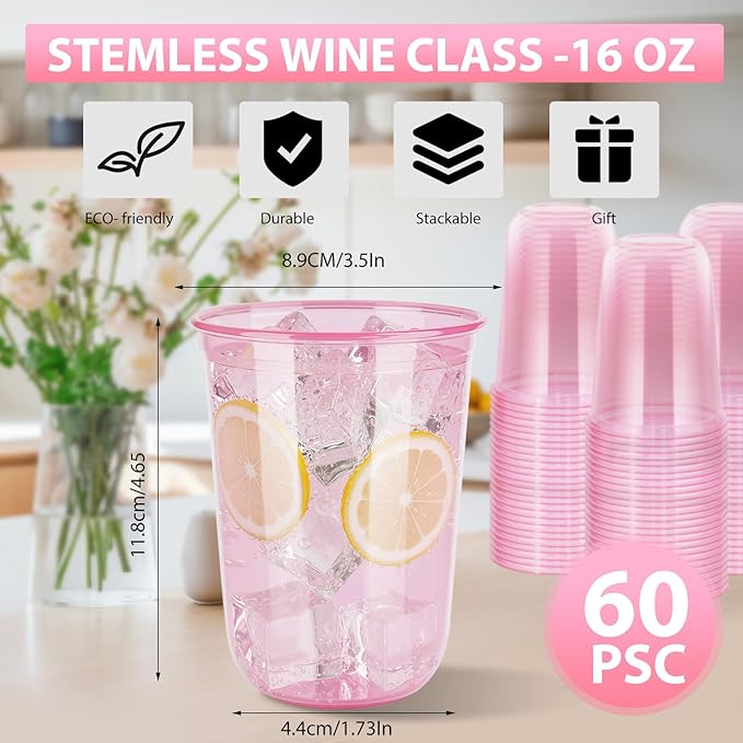 60 Pcs Disposable Stemless Clear Glasses 16 oz NATURAL Arc Crystal Plastic wine glasses Clear Classic Pet Cup for Meeting Weddings Birthdays Cocktail Christmas Party Supplies