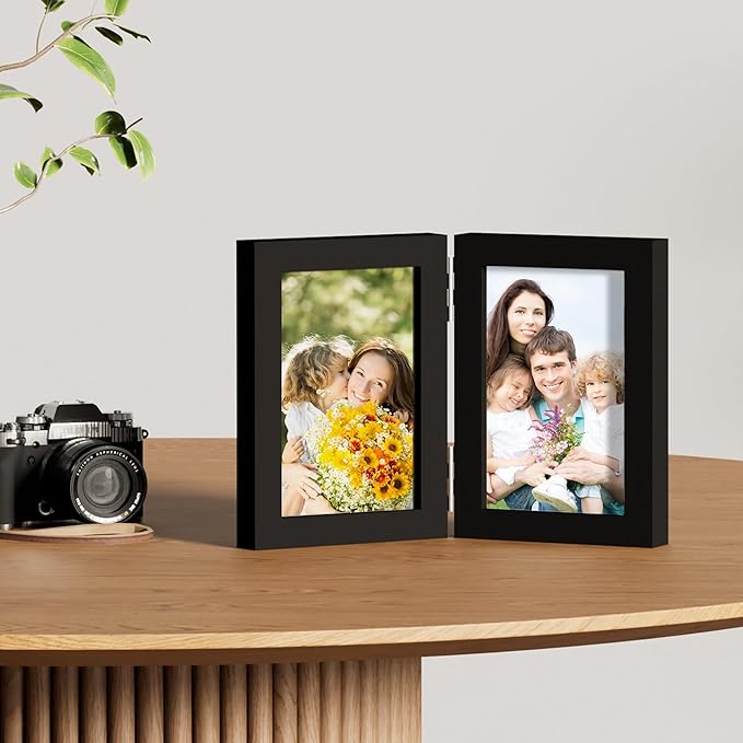 decorUhome Double 4x6 Picture Frame Vertical, Engineered Wood Bifold Photo Frame with Plexiglass for Tabletop Display, 4x6, Black