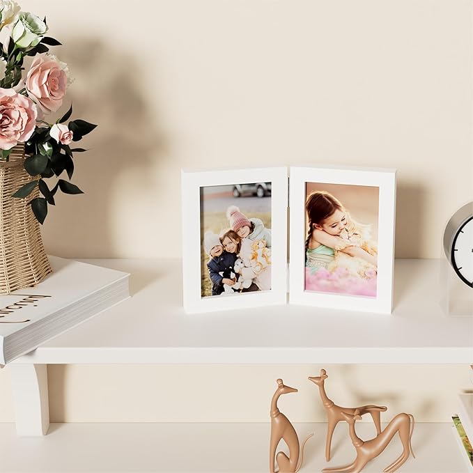 decorUhome Double 4x6 Picture Frame Vertical, Engineered Wood Bifold Photo Frame with Plexiglass for Tabletop Display, 4x6, White