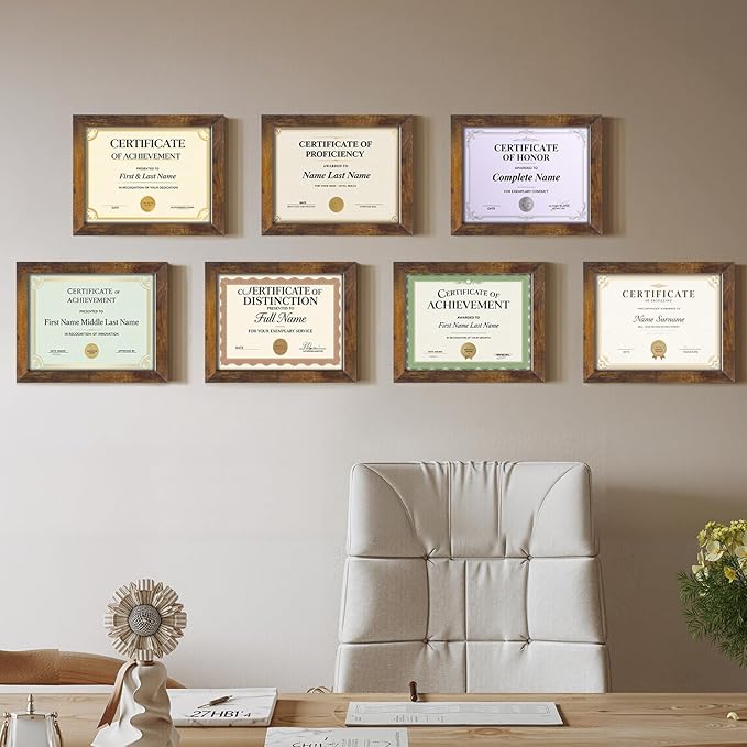 PETAFLOP 8.5x11 Picture Frame Rustic Certificate Frames Wall Tabletop Display Horizontally or Vertically, 7 Pack