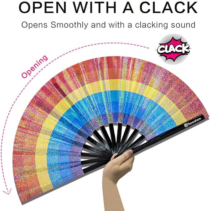 Large Rave Fan, Clack Folding Hand Fan with Premium Fabric, Thick Bamboo Frame for Men Women Gift for EDM, Festival, Club, Party, Dance, Decoration (Lridescent Rainbow, 13")